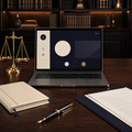 Escritorio jurídico con balanza dorada, laptop y documentos legales