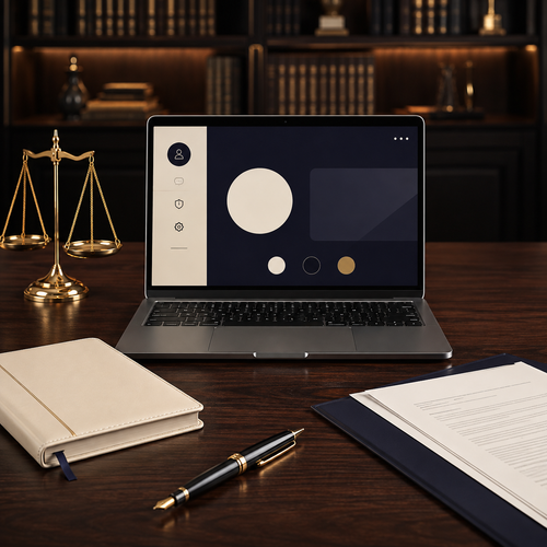 Escritorio jurídico con balanza dorada, laptop y documentos legales